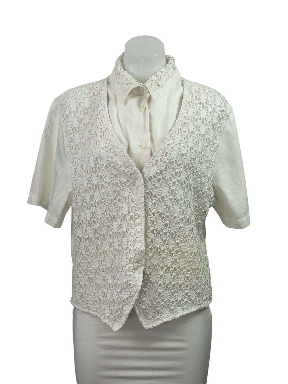 Tapestry Women's White Short Sleeve Lace Crochet Overlay Shirt Blouse Top Size L